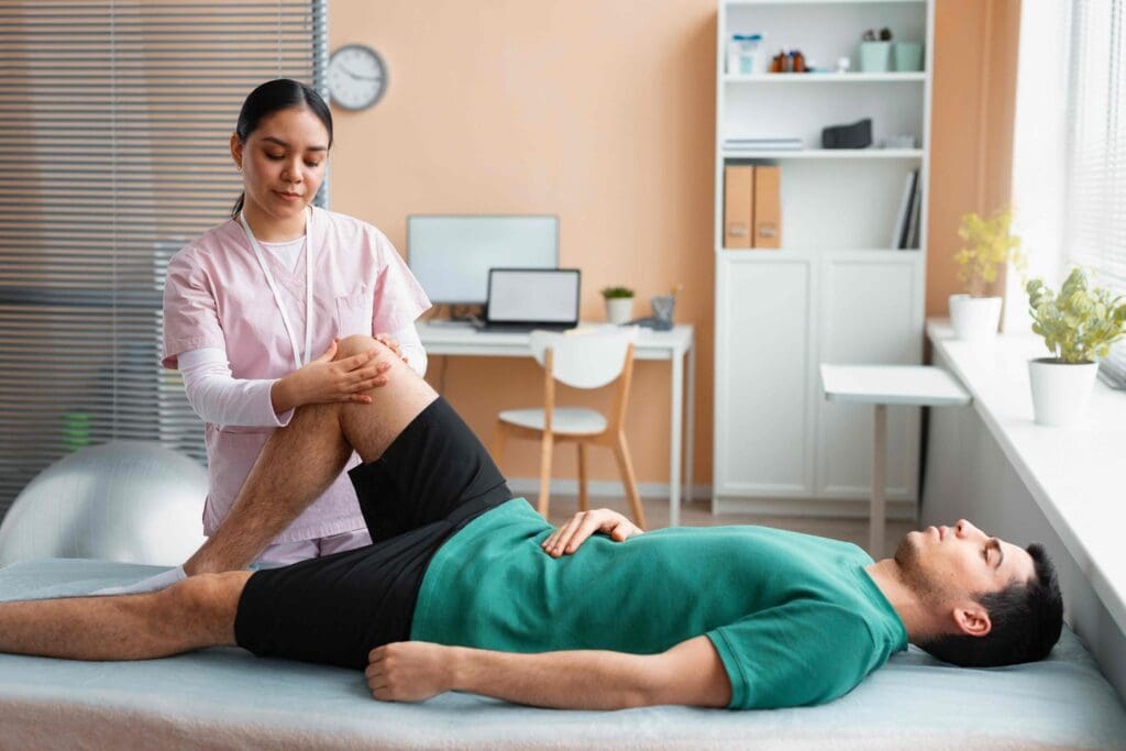A holistic, natural medical practice setting with various treatment modalities for knee pain relief.