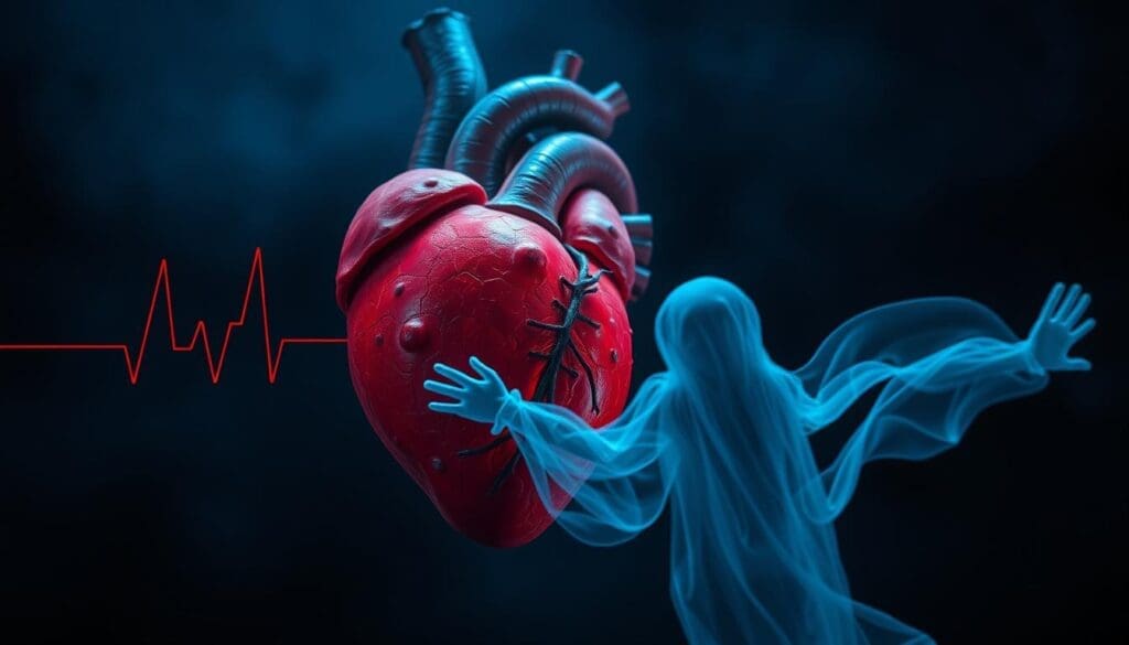 A human heart, pulsing rapidly with anxiety, set against a moody, atmospheric backdrop. In the foreground, a ghostly, ethereal figure representing the psychological distress of anxiety, its wispy tendrils reaching towards the heart, creating a visceral connection between the mental and physical states. The scene is bathed in a cool, blue-hued lighting, heightening the sense of unease and tension. The camera angle is slightly elevated, creating a sense of vulnerability and exposure. The overall composition conveys the overwhelming, unsettling nature of the link between anxiety and cardiac symptoms.