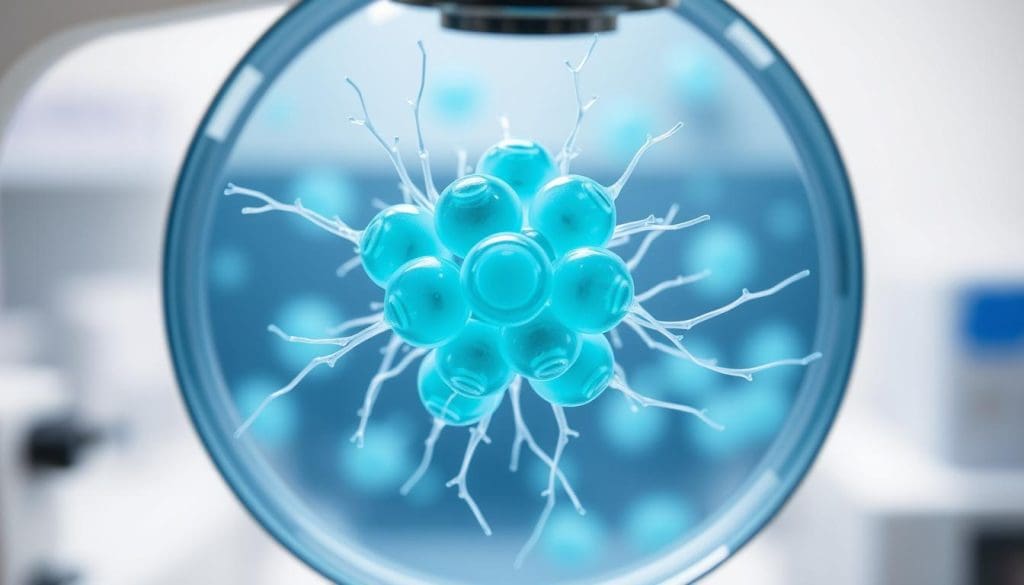 A magnified view of pluripotent stem cells under a microscope, with a bright and clean laboratory setting. The cells appear as a cluster of round, translucent structures with a vibrant blue-green hue, surrounded by a delicate network of supporting cells. The lighting is soft and even, creating a serene and scientific atmosphere. The focal point is the pluripotent stem cells, showcasing their unique characteristics and potential for medical and scientific applications. The image should convey a sense of wonder and curiosity about these remarkable cells.