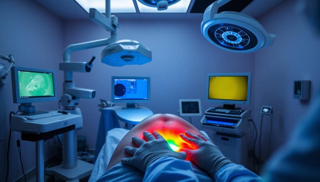 A medical procedure room with bright green laser beams shining onto a patient's lower abdomen during a minimally invasive green light laser surgery for benign prostatic hyperplasia (BPH). The room is filled with modern medical equipment and instruments, including a surgical microscope, monitors, and a high-tech laser console. The lighting is crisp and clean, with a calm, professional atmosphere. The surgeon's hands are visible, performing the delicate procedure with precision and care. The scene conveys the advanced technology and expertise involved in this effective treatment for enlarged prostate.