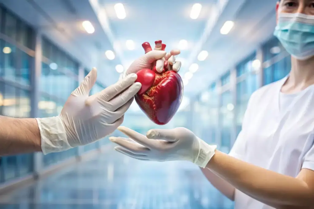 A medical treatment scene for a myocardial infarction, captured with a cinematic lens. In the foreground, a team of healthcare professionals urgently administer lifesaving therapies to a patient lying on an examination table, their chest exposed to reveal the damaged heart. Specialized equipment like cardiac monitors and IV drips surround the scene, casting a warm glow. The middle ground features a mix of medical personnel, each focused on their critical roles. In the background, a sense of hustle and purpose pervades the clinical environment, with subtle hints of advanced imaging technology. The overall mood is one of intense focus, urgency, and the determination to save a life in the face of a life-threatening cardiac event.