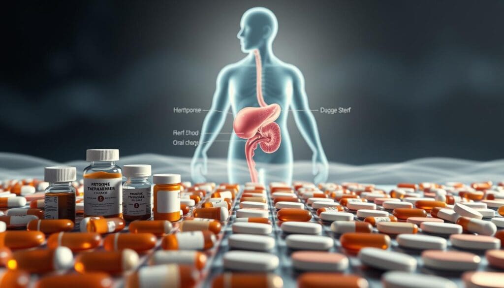 A panoramic landscape depicting the diverse treatments for prostate cancer. In the foreground, a grid of pill bottles, hormone therapy injections, and oral chemotherapy tablets, each representing a distinct therapeutic approach. The middle ground features a stylized medical diagram showcasing the prostate gland and surrounding anatomy, while the background depicts a serene, abstract representation of the human body, bathed in soft, diffused lighting that conveys the seriousness yet hope inherent in this medical field. The overall composition suggests the multifaceted, interconnected nature of prostate cancer treatment options, inviting the viewer to explore this complex but vital landscape.