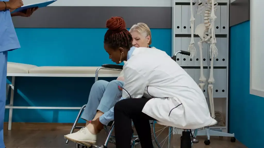 A patient recovering from ACL surgery lies in a hospital bed, their leg immobilized in a brace. The room is dimly lit, with a soft, calming atmosphere. The patient's face reflects a mixture of discomfort and determination, as they begin their journey towards rehabilitation. Scattered around the bed are medical equipment and supplies, hinting at the immediate post-surgery phase. The composition emphasizes the patient's focused gaze and the bandaged, elevated leg, conveying the challenges and initial steps of the ACL surgery recovery process. The scene is captured with a medium-close shot, providing a sense of intimacy and empathy.