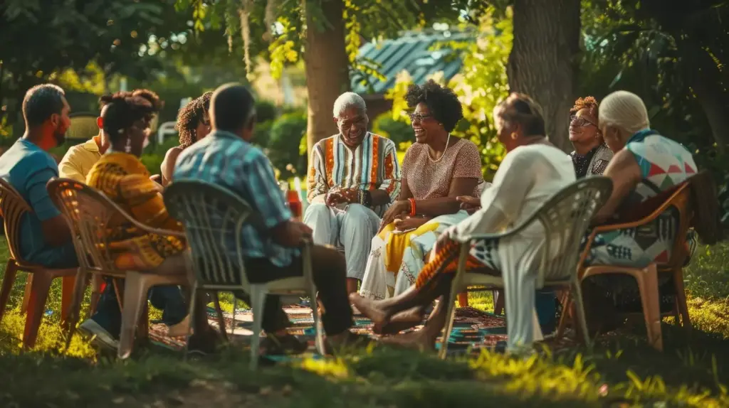 A peaceful, serene scene of a residential substance use treatment center nestled in a lush, verdant landscape. In the foreground, a group of people engaged in outdoor group therapy, their faces expressing a sense of calm and clarity. The mid-ground features a modern, welcoming building with warm lighting and inviting architecture, surrounded by carefully tended gardens and walking paths. In the background, rolling hills and a cloudless blue sky create a tranquil, restorative atmosphere. Soft, diffused lighting illuminates the scene, creating a sense of safety and comfort. The overall mood conveys the benefits of choosing a residential treatment program - a nurturing, supportive environment conducive to healing and personal growth.