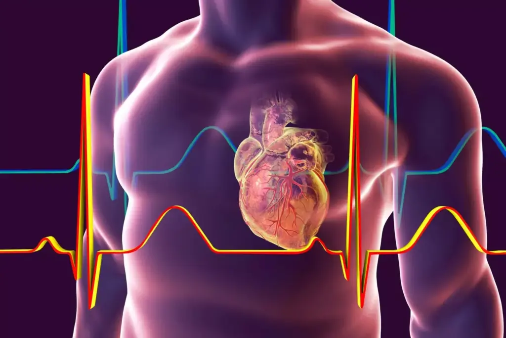 A person's chest with an electrocardiogram (ECG) display showing an irregular, slow heart rhythm indicative of atrial fibrillation. The ECG trace should be the focal point, with the chest area in soft focus in the foreground. The background should be a neutral, clinical setting, such as a hospital room or doctor's office, with muted colors and subtle lighting to convey a sense of medical expertise and concern. The overall mood should be one of contemplation and the unique challenges posed by atrial fibrillation with a low heart rate.