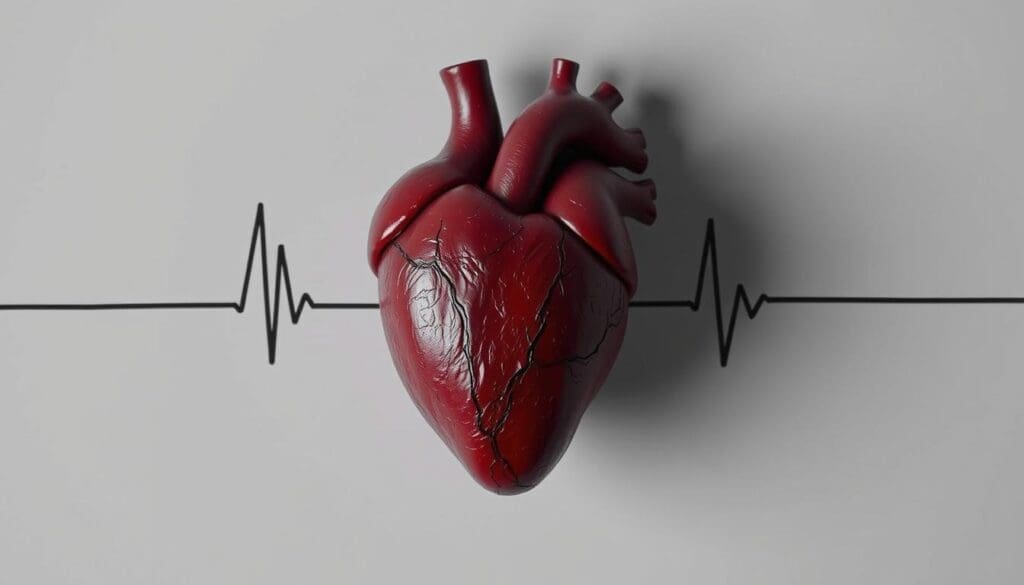 A pulsating, hyper-realistic heart set against a stark, monochromatic background, with subtle shadows and highlights to accentuate the fluttering, erratic motion. The heart's surface glistens with a faint sheen, conveying a visceral, almost unsettling sense of physicality. The composition emphasizes the heart's central placement, drawing the viewer's attention to the anxious, rapid palpitations. Soft, diffused lighting casts an ominous, foreboding atmosphere, heightening the emotional impact of the scene.