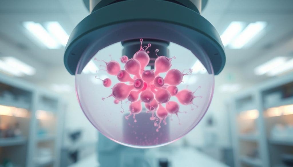 A serene and sterile laboratory setting, with bright overhead lighting illuminating a microscope slide displaying a cluster of pluripotent embryonic stem cells in vivid detail. The cells are captured in high magnification, their delicate structure and intricate patterns of differentiation visible. The background is blurred, allowing the viewer to focus on the scientific subject matter. A sense of scientific exploration and discovery permeates the scene, inviting the viewer to ponder the origins and characteristics of this remarkable biological phenomenon.