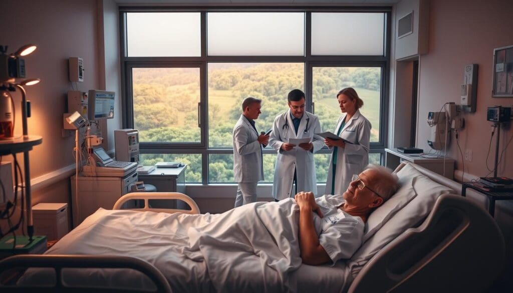 A serene, softly lit hospital room. In the foreground, a cancer patient rests comfortably on a hospital bed, surrounded by various medical equipment and instruments. In the middle ground, a team of healthcare professionals, including a doctor and nurse, engage in a thoughtful discussion, examining test results and charts. The background depicts a tranquil, verdant landscape visible through the room's large windows, symbolizing the restorative power of nature. The scene conveys a sense of holistic care, where adjunctive therapies complement traditional medical treatments, offering a comprehensive approach to the patient's well-being. The lighting is warm and natural, creating a calming atmosphere that reflects the evolution and importance of cancer adjunctive therapies.