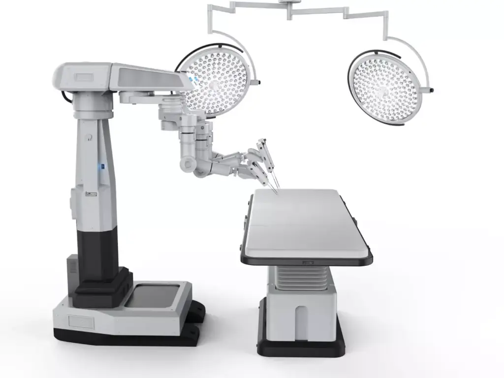 A sleek and sophisticated robotic surgical system, the Da Vinci Surgical System stands majestically on a gleaming stainless steel operating table. Its articulated arms, adorned with precision instruments, appear poised and ready to perform intricate medical procedures. The system's central console, with its high-resolution display and intuitive controls, dominates the foreground, hinting at the advanced technology that empowers surgeons to perform minimally invasive operations with unparalleled dexterity and control. In the background, a softly lit surgical suite sets the stage, conveying the cutting-edge medical environment where this revolutionary robotic platform has revolutionized modern surgical practices.