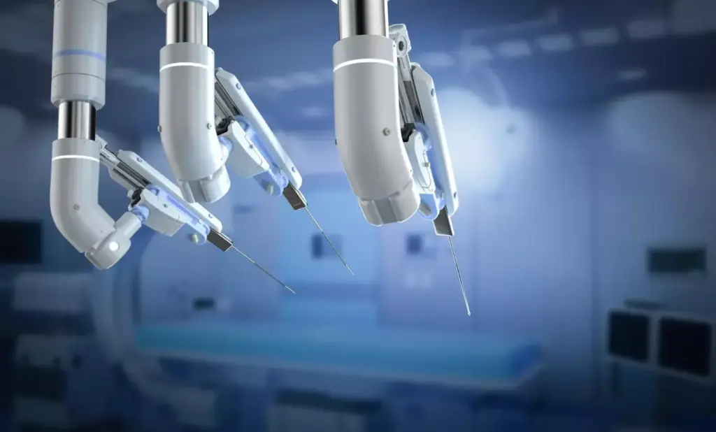 A sleek, chrome-plated surgical robot stands at the center of the frame, its articulated limbs and delicate instruments poised for precise, minimally invasive procedures. In the background, a dimly lit operating room comes into focus, with state-of-the-art medical equipment and monitors casting a cool, bluish glow. The robot's design is both futuristic and functional, reflecting the cutting-edge technology that enables surgeons to perform complex operations with unprecedented accuracy and control. The overall atmosphere conveys a sense of scientific advancement and the steady progress of medical innovation.