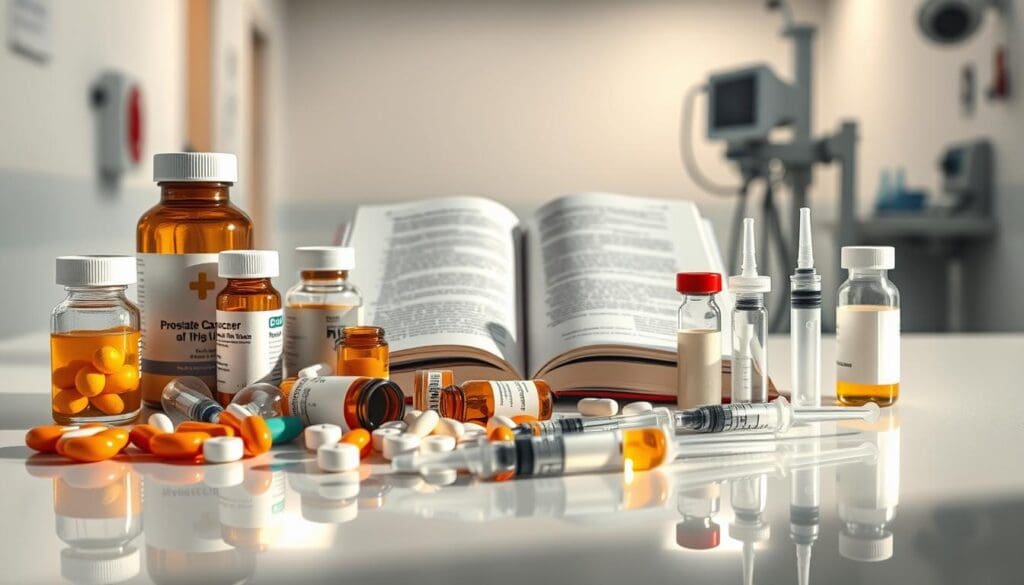 A still life arrangement of various chemotherapy drugs commonly used to treat prostate cancer. The foreground features several pill bottles, syringes, and vials of liquid medications, meticulously arranged on a clean, reflective surface. In the middle ground, there is a medical reference book open to a page discussing prostate cancer treatments. The background is a soft, out-of-focus hospital setting, with subtle hints of medical equipment and sterile white walls. The lighting is warm and directional, creating dramatic shadows and highlights that accentuate the textures and shapes of the pharmaceuticals. The overall mood is one of clinical professionalism, conveying the seriousness and importance of these treatments for prostate cancer patients.
