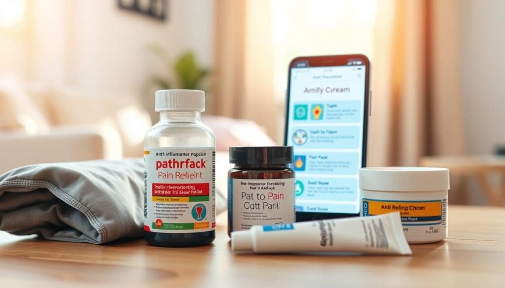 A sunlit interior space featuring an arrangement of various over-the-counter arthritis pain relief products on a wooden table. In the foreground, a bottle of anti-inflammatory medication, a heat pack, and a jar of topical pain-relieving cream are neatly positioned. In the middle ground, a mobile device displays information about different arthritis treatment options. The background softly blurs, creating a calm and informative atmosphere that invites the viewer to explore the available solutions for managing arthritis pain. Warm, natural lighting illuminates the scene, conveying a sense of comfort and practicality.
