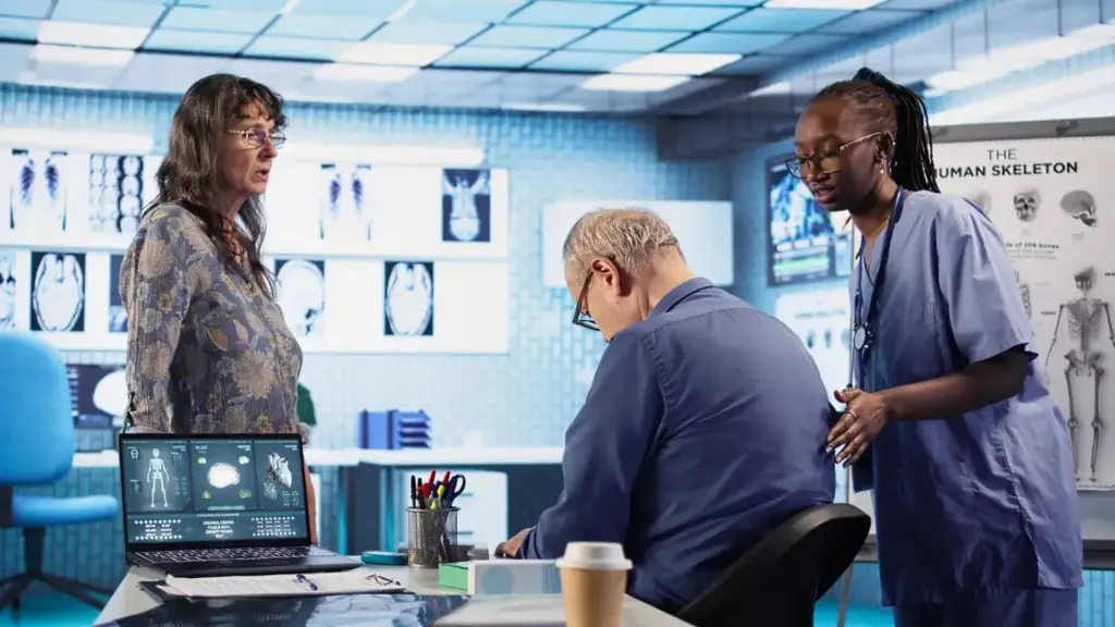 A team of medical professionals gathered in a modern hospital setting, focused on discussing the latest advancements in brain cancer treatment. In the foreground, a neurosurgeon and an oncologist review scans and data, while a radiation therapist and a nurse collaborate on a treatment plan. The middle ground features a patient undergoing a cutting-edge procedure, their face obscured to protect their privacy. The background is dimly lit, creating a solemn yet determined atmosphere, conveying the gravity and importance of their work. Warm, directional lighting highlights the team's expressions, emphasizing their dedication and expertise.