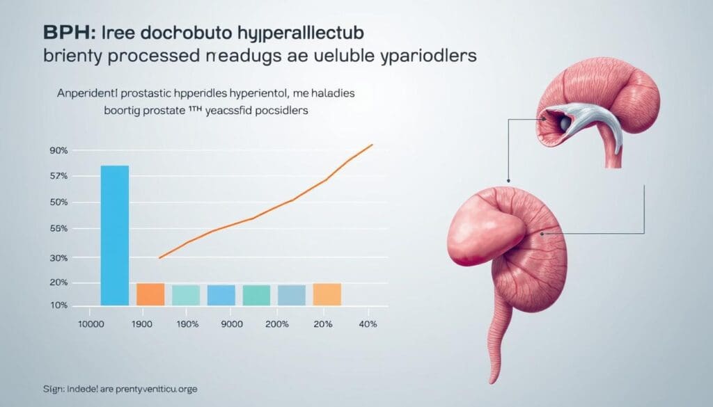 A vibrant, realistic diagram depicting the prevalence of benign prostatic hyperplasia (BPH) among men over 50 years of age. The image should feature a clear, well-labeled chart or graph illustrating the statistical data, set against a neutral, clinical background. Utilize a cool, subdued color palette to convey the medical nature of the subject matter. Incorporate detailed anatomical illustrations of the prostate gland to provide necessary context. The overall composition should be visually engaging yet informative, designed to effectively communicate the growing problem of BPH to the viewer.