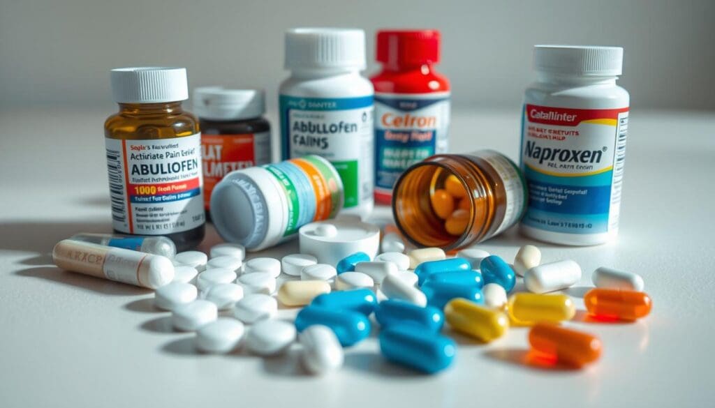 A well-lit, close-up shot of an assortment of common over-the-counter arthritis pain relief medications, including ibuprofen, acetaminophen, and naproxen tablets, caplets, and gel capsules. The items are arranged neatly on a clean, neutral-colored surface, with a shallow depth of field to emphasize the foreground. The lighting is soft and diffused, casting subtle shadows to create a sense of depth and dimension. The overall mood is one of clinical, medicinal effectiveness, conveying the idea of fast-acting, targeted pain relief for arthritic joints.