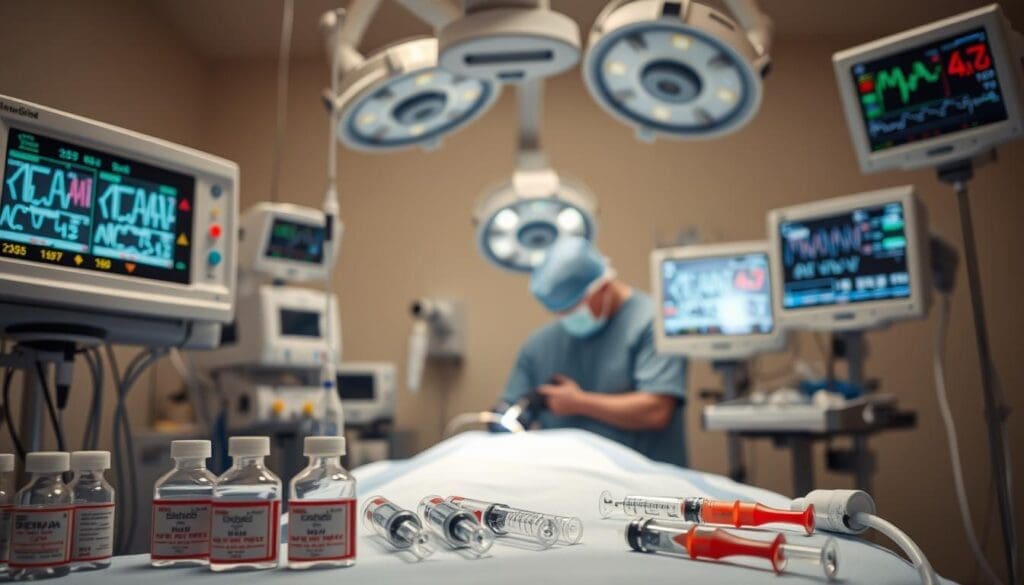 A well-lit, close-up view of various anesthesia equipment and supplies used during brain surgery, including an anesthesia machine, breathing tubes, IV lines, and monitors displaying vital signs. The foreground features a selection of anesthetic drugs and syringes, while the middle ground showcases the intubation process. The background depicts a sterile surgical suite with medical personnel in scrubs, creating a calming, professional atmosphere. The lighting is bright and even, emphasizing the technical precision required for this critical stage of the procedure.