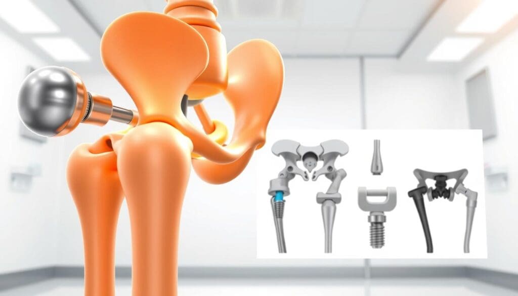 A well-lit, high-resolution medical illustration showcasing different hip replacement options. In the foreground, a clear, detailed model of a human hip joint, highlighting the key components of a total hip replacement, including the metal ball, plastic socket, and connecting stem. In the middle ground, a side-by-side comparison of various prosthetic hip designs, featuring different materials, shapes, and attachment methods. In the background, a clean, minimalist medical setting, with a soft, neutral color palette to emphasize the technical focus. The overall mood is informative, educational, and visually engaging, conveying the complex yet vital nature of hip replacement procedures.