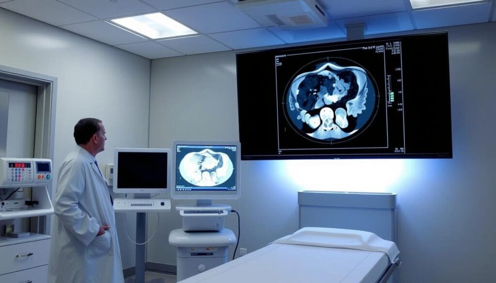 A well-lit hospital examination room with a detailed diagnostic display showcasing an abdominal aortic aneurysm (AAA). The patient's CT scan or MRI image is prominently featured on a large screen, providing a clear visual representation of the aneurysm. A medical professional, dressed in a white coat, stands beside the display, carefully analyzing the results and considering the next steps in the diagnosis and treatment process. The room has a clean, sterile appearance, with modern medical equipment and a calming, professional atmosphere. The overall scene conveys the importance of thorough examination and informed decision-making when it comes to addressing an abdominal aortic aneurysm.