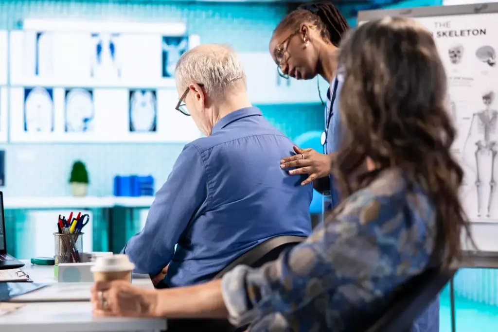 A well-lit medical examination room, with a doctor reviewing a patient's advanced NSCLC (non-small cell lung cancer) diagnosis on a high-resolution diagnostic display. The patient, a middle-aged adult, sits attentively, their expression a mix of concern and determination. The doctor gestures to the screen, explaining the tumor's stage and location, using detailed medical imagery to illustrate the progression of the disease. The room's clean, sterile aesthetic conveys the seriousness of the situation, while the doctor's calm, empathetic demeanor provides a sense of reassurance. Soft, directional lighting highlights the diagnostic details, creating a sense of clinical focus and precision. A well-lit medical examination room, with a doctor reviewing a patient's advanced NSCLC (non-small cell lung cancer) diagnosis on a high-resolution diagnostic display. The patient, a middle-aged adult, sits attentively, their expression a mix of concern and determination. The doctor gestures to the screen, explaining the tumor's stage and location, using detailed medical imagery to illustrate the progression of the disease. The room's clean, sterile aesthetic conveys the seriousness of the situation, while the doctor's calm, empathetic demeanor provides a sense of reassurance. Soft, directional lighting highlights the diagnostic details, creating a sense of clinical focus and precision.