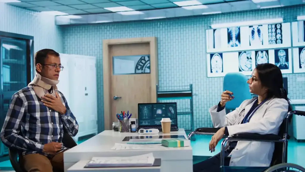 A well-lit medical examination room with a sturdy examination table and various diagnostic instruments on a nearby counter. In the foreground, a patient sits upright, their neck exposed, as a doctor performs a thorough physical examination. Diagnostic scans and test results are displayed on a large monitor in the background, providing a detailed overview of the patient's spinal condition. The atmosphere is calm and professional, conveying the importance of the pre-operative evaluation for the upcoming ACDF surgery.