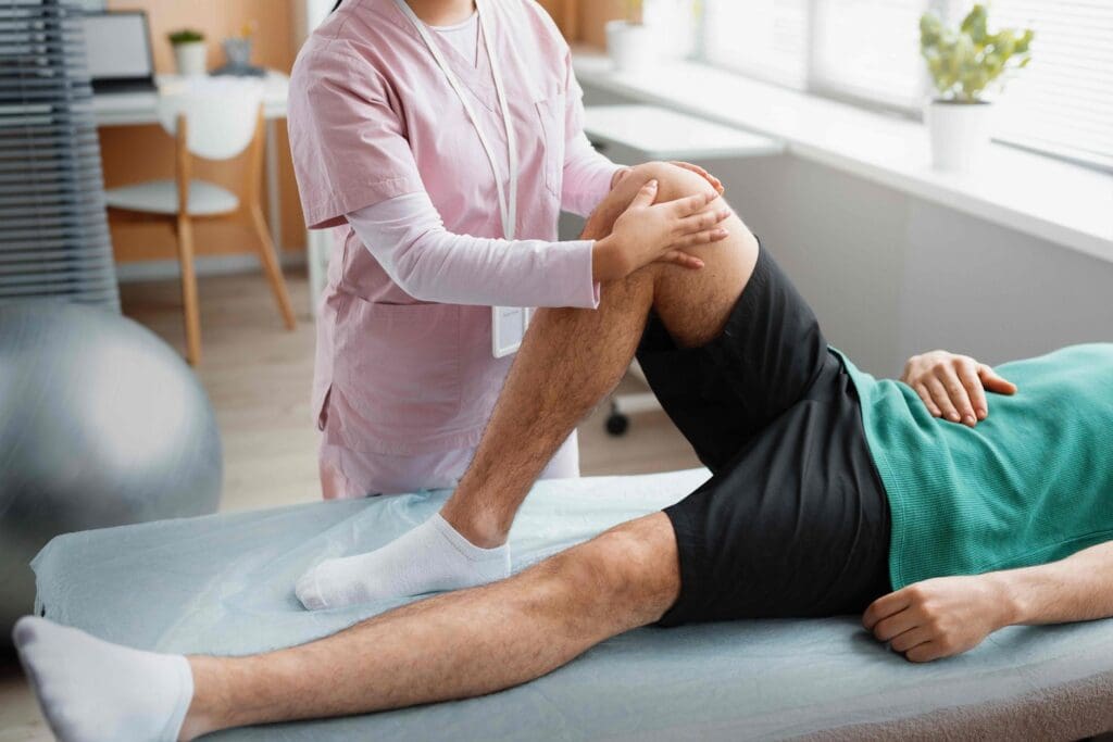 A well-lit physical therapy session for knee arthritis.