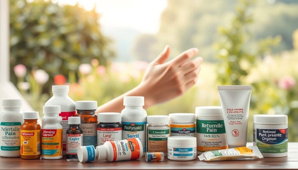 A well-lit, realistic scene depicting various over-the-counter arthritis pain relief options. In the foreground, an array of medication bottles, creams, and topical ointments are neatly arranged, showcasing a range of common treatments. In the middle ground, a person's hand is gently massaging a joint, highlighting the application of a pain-relieving product. The background features a soothing, natural environment, such as a serene garden or calming landscape, to convey a sense of relaxation and holistic wellness. The lighting is soft and diffused, creating a warm, inviting atmosphere. The overall composition emphasizes the accessibility and diversity of arthritis pain relief options available to the viewer.