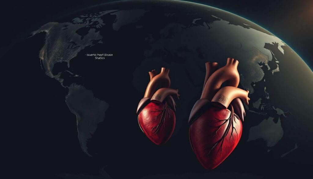 A wide-angle view of the Earth, its landmasses and oceans rendered in a somber, realistic style with a muted color palette. The continents are overlaid with visual representations of ischemic heart disease statistics and data, conveying the global impact and burden of this condition. Detailed anatomical illustrations of the heart and cardiovascular system are prominently featured, highlighting the pathophysiology of ischemic heart disease. The scene is illuminated by a dramatic, low-angle light source, casting long shadows and creating a sense of gravity and importance. The overall composition suggests the scale, severity, and worldwide reach of ischemic heart disease.