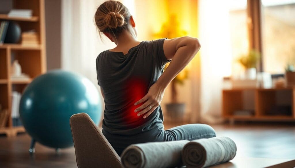 A woman experiencing sciatica pain, sitting on a chair and gently massaging her lower back. The scene is lit by warm, soft lighting, creating a soothing and therapeutic atmosphere. In the middle ground, a physical therapy exercise ball and a rolled-up towel are visible, hinting at potential treatment options. The background is blurred, allowing the focus to remain on the woman's pose and expression of discomfort. The overall composition conveys the experience of managing the radiating pain associated with sciatica, with a sense of care and empathy.
