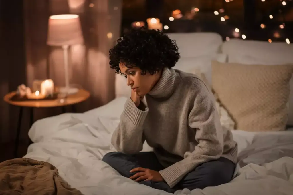 A woman sits on the edge of her bed, her face etched with a pensive expression. The soft, warm lighting from a nearby lamp casts a gentle glow, illuminating the room's muted tones. In the background, a window offers a glimpse of a serene, twilight-hued sky, symbolizing the transition from the intensity of chemotherapy to a new, uncertain chapter. The woman's posture conveys a mixture of relief, vulnerability, and contemplation. Her hands rest gently on her lap, a testament to the physical and emotional toll of the journey. The overall atmosphere evokes a sense of introspection, as the viewer is invited to witness the individual's emotional landscape after the final chemotherapy session.