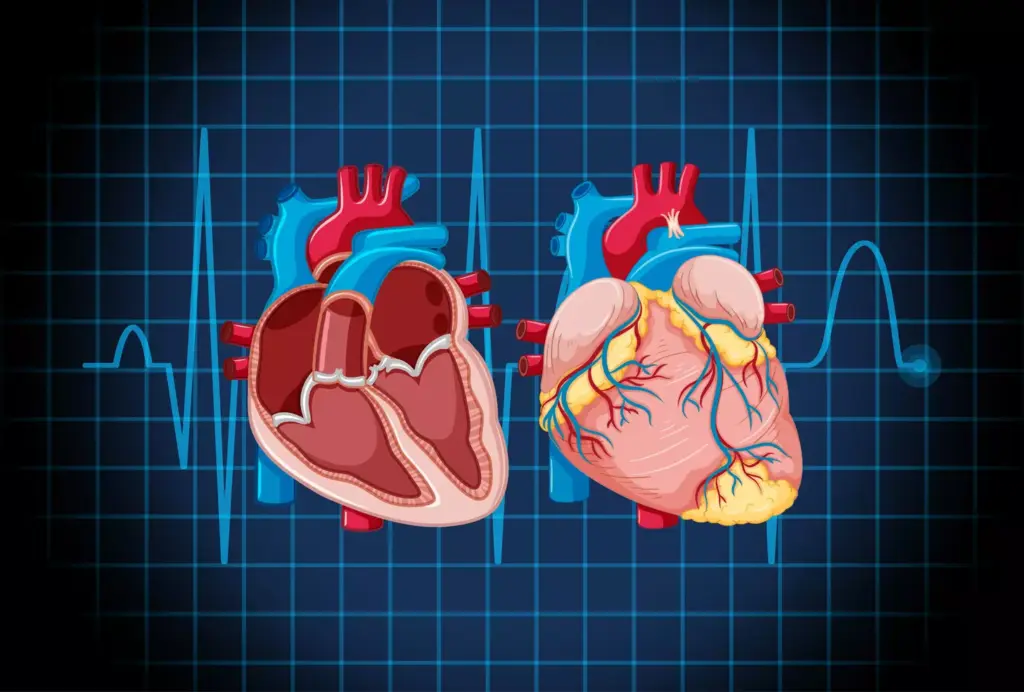 An electrocardiogram display showing atrial fibrillation, with a weakened, enlarged heart silhouette in the background. The heart appears strained, with visible coronary arteries. The scene is bathed in a soft, teal-blue medical lighting, creating an atmosphere of clinical examination. The overall composition conveys the intertwined nature of these two cardiovascular conditions, the delicate balance between the electrical and mechanical functions of the heart.