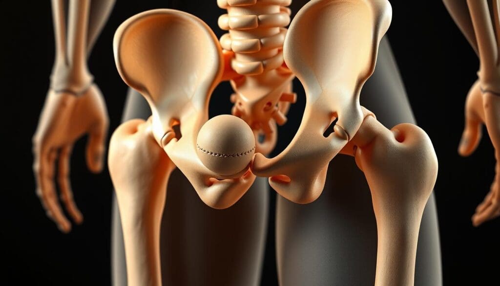 An in-depth, anatomically accurate depiction of the human hip joint, showcasing its intricate structure and components. Rendered in a realistic, high-resolution style, the image should capture the joint's complex geometry, including the femur, acetabulum, ligaments, and surrounding musculature. Emphasis should be placed on the ball-and-socket configuration, highlighting the range of motion and the key anatomical features that enable the hip's functionality. The lighting should be natural and diffused, casting subtle shadows to accentuate the contours and depth. The perspective should be from a slightly elevated angle, providing a comprehensive view of the joint's anatomy while maintaining a clear and legible composition suitable for educational purposes.