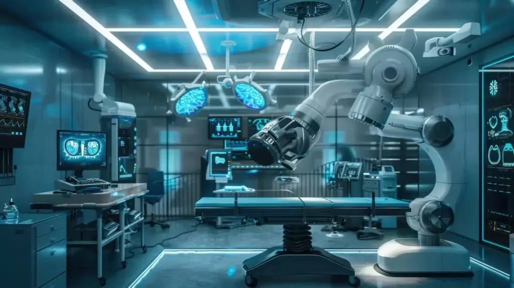 An operating room setting with a minimally invasive robotic surgical system, such as the Da Vinci, prominently displayed in the foreground. The robot's articulated arms and delicate instruments convey the precision and control of the procedure. In the middle ground, a floating translucent diagram illustrates the key benefits of a robotic hysterectomy, such as smaller incisions, reduced blood loss, and faster recovery times. The background features a dimly lit, sterile environment with medical equipment and monitors, creating a sense of advanced medical technology. Soft blue and green hues predominate, suggesting the calming atmosphere of a state-of-the-art surgical suite.
