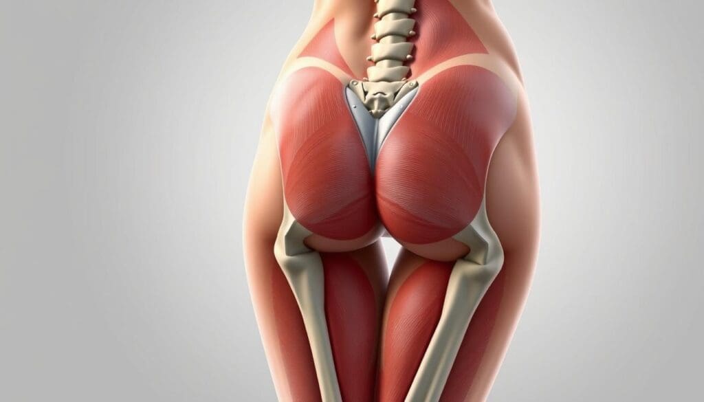 Anatomical illustration of female lower back and thigh, showcasing key muscle groups, bones, and nerve pathways. Rendered in a clean, scientific style with muted colors and subtle lighting. Depicts the complex musculoskeletal structure from a rear-angled view, allowing for detailed examination of potential pain sources such as the piriformis, gluteal, and hamstring muscles. Background fades to a plain, neutral backdrop to maintain focus on the subject. Crisp, high-resolution imagery suitable for use in a medical or educational context.