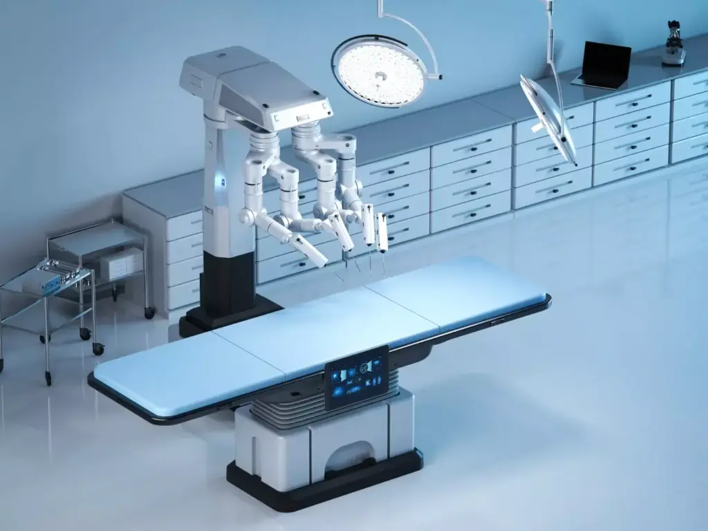 Detailed 3D render of the da Vinci surgical robot system, showcasing its intricate mechanical design and advanced robotic technology. Sleek metallic arms with articulated joints, precision instruments, and a central console for the surgeon to control the system. Bright, clinical lighting illuminates the scene, emphasizing the high-tech, cutting-edge nature of the device. The robot is depicted in a clean, modern medical environment, hinting at its use in sophisticated surgical procedures. The overall composition highlights the power, sophistication, and precision of this state-of-the-art robotic surgical assistant.