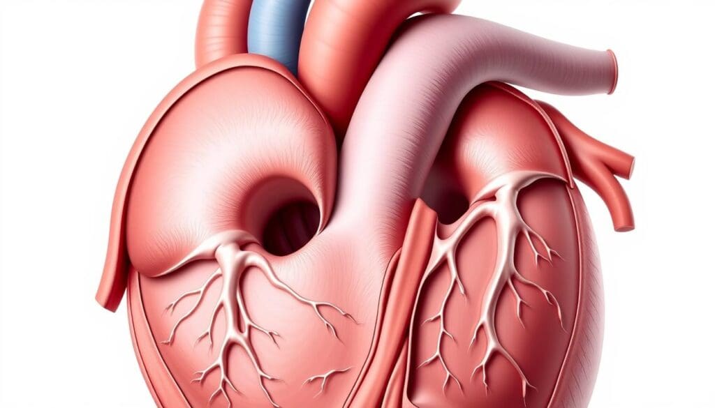 Detailed anatomical diagram of the human heart, focusing on the aortic valve and surrounding structures. Crisp, high-resolution medical illustration with a muted, clinical color palette. Cutaway view reveals the narrowed aortic valve opening characteristic of aortic stenosis, along with the enlargement of the left ventricle. Subtle shadows and highlights emphasize the three-dimensional nature of the anatomy. Neutral, white background provides a clean, uncluttered presentation suitable for a medical journal or textbook.