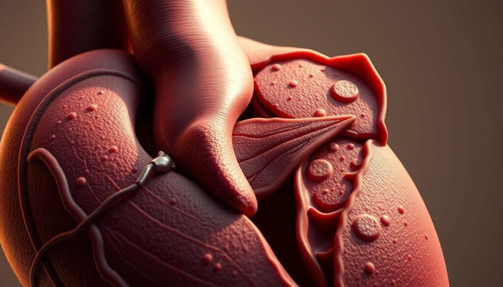 Detailed anatomical illustration of a heart valve affected by stenosis. Close-up view showcasing the narrowed, thickened aortic valve leaflets obstructing blood flow, rendered in a realistic, high-resolution style. Muted, earthy color palette with warm lighting from the left, casting subtle shadows to highlight the intricate valve structure. Crisp, clean background with just enough context to provide medical context, such as a faint outline of the heart chamber. Textural details and delicate tissue structures rendered with great precision, conveying the technical complexity of this cardiovascular condition.