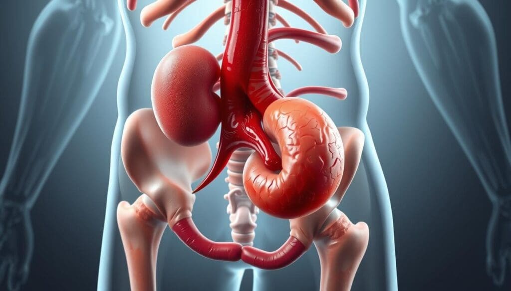 Detailed anatomical illustration of an abdominal aortic aneurysm, captured with high-resolution medical photography. The image showcases the abdominal aorta and its surrounding structures, including the kidneys, vertebrae, and intestines. The aneurysm is prominently featured, with its bulging and weakened arterial wall visible. The lighting is soft and diffused, creating depth and highlighting the intricate details. The angle is slightly elevated, providing a clear view of the anatomy. The overall mood is informative and educational, suitable for a medical article on the topic.