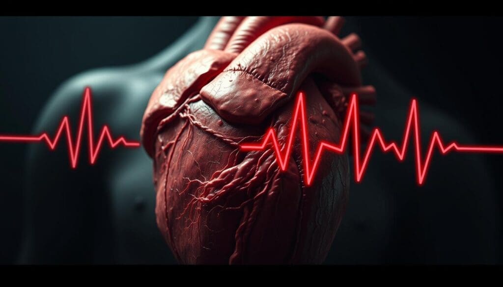 Detailed, anatomical illustration of an anxious human heart palpitating in close-up. Intense, hyper-realistic rendering with dramatic lighting and depth of field. Vibrant red muscle fibers pulsing irregularly against a stark, shadowy background. Slightly distorted proportions convey a sense of heightened physiological state. Textured, organic surfaces with subtle imperfections. Cinematic, moody atmosphere evokes the unsettling experience of anxiety-driven heart palpitations.