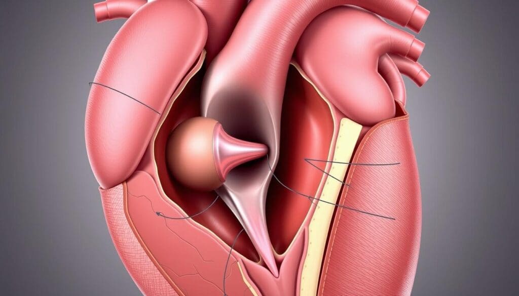 Detailed anatomical illustration of the aortic valve and surrounding structures, showcasing the mechanisms of aortic stenosis. Crisp, lifelike rendering in a muted, clinical color palette. Careful attention to the narrowed valve orifice, thickened valve leaflets, and associated cardiac hypertrophy. Cutaway view to expose the internal anatomy, captured from a slightly elevated, three-quarter angle perspective. Subtle background elements such as the aortic arch and left ventricle provide additional context. Evocative of medical educational materials, conveying the technical specificity required to understand the primary causes and demographics of this cardiovascular condition.