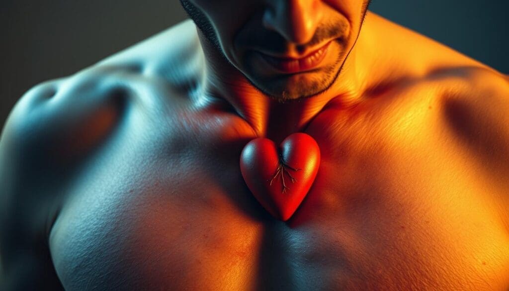 Detailed close-up of a person's chest, capturing the physical sensations of anxiety. The skin appears flushed and tense, with visible muscle contractions and a slight trembling. The heart can be seen pounding rapidly, creating a palpable pressure and tightness in the chest. Warm, diffused lighting casts subtle shadows, emphasizing the constriction and discomfort. The expression on the face conveys a mix of unease, apprehension, and the struggle to catch one's breath. The background is intentionally blurred, keeping the focus on the internal physiological experience of anxiety-induced chest pain.