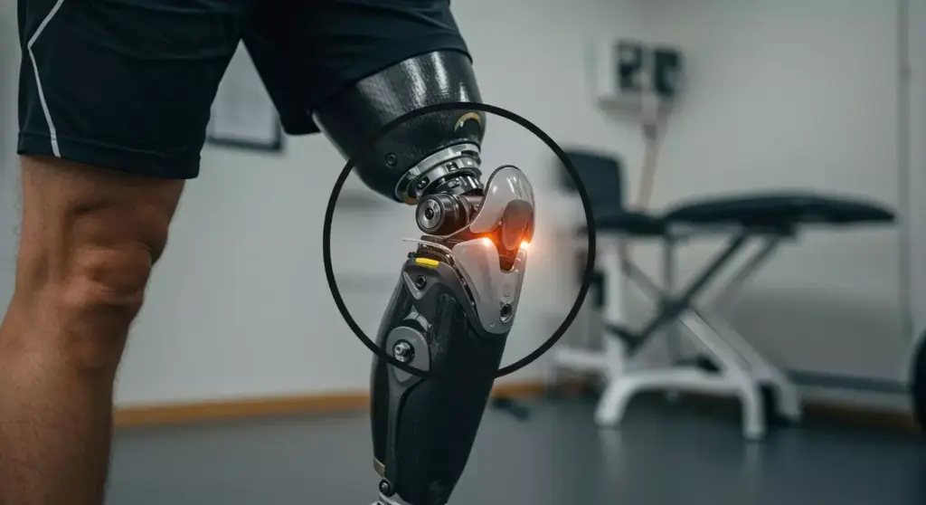 Detailed close-up of artificial knee joints, with surgical implant components clearly visible. Gleaming metallic surface textures, intricate mechanisms, and precise engineering. Soft ambient lighting casts subtle shadows, highlighting the technical complexity. The joints are displayed against a clean, minimalist backdrop, allowing the subject to be the central focus. The composition emphasizes the mechanical nature and functional design of the prosthetic knee, conveying a sense of medical innovation and advanced orthopedic technology.