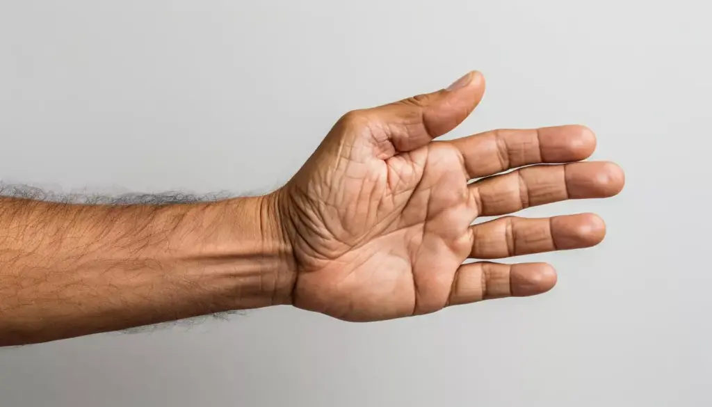 Detailed close-up of swollen, inflamed human hand displaying the visible symptoms of rheumatoid arthritis, with reddish hue, protruding joints, and stiffness. Realistic high-resolution image captured in soft, diffused natural lighting that emphasizes the textures and imperfections of the skin. The hand is the primary focus, occupying the foreground, while the blurred background suggests a domestic or medical setting. The overall mood is one of discomfort and the daily challenges faced by those living with this chronic condition.