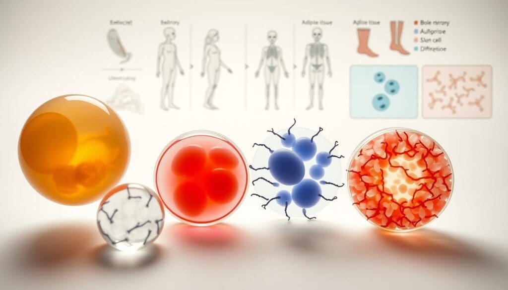 Detailed close-up of various stem cell sources, arranged in a visually striking composition. In the foreground, a human embryo, blastocyst, and umbilical cord blood samples are displayed against a soft, neutral background. In the middle ground, adult stem cells harvested from bone marrow, adipose tissue, and skin are highlighted. The background features scientific illustrations of embryonic development and stem cell differentiation. Lighting is natural and diffused, creating a serene, informative atmosphere. The image conveys the diverse origins and medical applications of stem cells in a comprehensive, visually engaging manner.