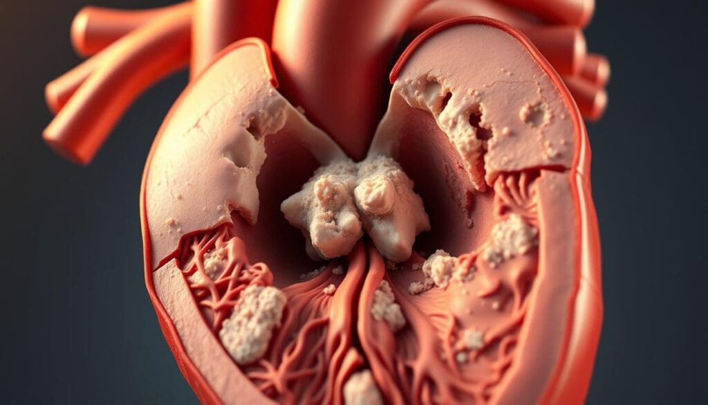 Detailed cross-section of a calcified aortic valve, showcasing the characteristic thickening, stiffness, and restricted opening of the valve leaflets due to calcific deposition. Depict the aorta and left ventricular outflow tract in the foreground, with a crisp, photorealistic rendering of the calcified valve cusps in the center. Capture the intricate anatomy and pathological changes, illuminated by warm, directional lighting to emphasize the textural details. Present the scene from an angled, three-quarter view to provide optimal visualization of the valve's structure and the hemodynamic impairment caused by this condition.