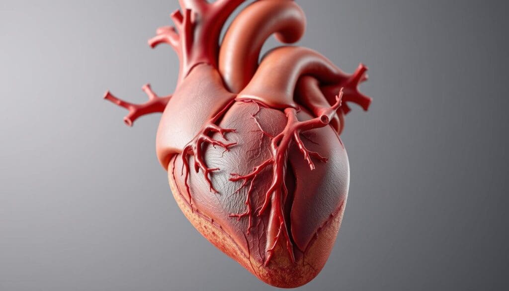 Detailed cross-section of the human heart, showcasing the intricate network of coronary arteries supplying blood to the myocardium. In the foreground, the left anterior descending artery, right coronary artery, and circumflex artery are prominently displayed, with their branching structures and subtle variations in diameter. The middle ground reveals the heart's musculature, with areas of ischemic damage and reduced blood flow indicated by subtle discoloration. The background depicts the heart's overall anatomy, set against a neutral, minimalist backdrop to emphasize the medical and anatomical focus. Rendered in a high-resolution, scientifically accurate style with precise attention to detail, using advanced lighting techniques to highlight the three-dimensional structure and depth of the coronary arterial system.