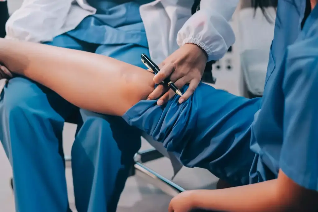 Detailed diagram depicting the anesthesia procedures for ACL surgery. In the foreground, a close-up view of a patient's knee joint, with the lower leg and thigh exposed, showcasing the surgical site. The middle ground features a team of medical professionals, including an anesthesiologist, administering anesthesia through an IV line. The background depicts a well-lit, sterile operating room environment, with medical equipment and monitors visible. The overall scene conveys a sense of precision, professionalism, and the importance of proper anesthesia management during this delicate orthopedic procedure.