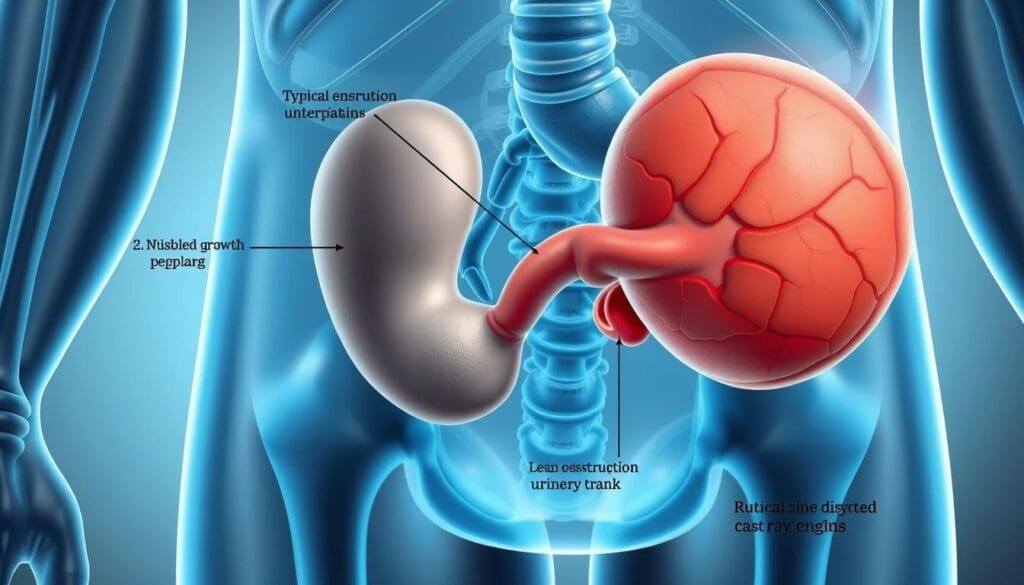 Detailed medical illustration depicting the prevalence of benign prostatic hyperplasia (BPH) in aging men. A cross-sectional view showcases the enlargement of the prostate gland, with annotations highlighting the typical growth patterns and degree of obstruction to the urinary tract. The image should convey a sense of clinical accuracy, with a focus on conveying the progressive nature of this common urological condition. Use a neutral color palette, realistic lighting, and high-resolution rendering to create a visually informative and impactful depiction suitable for a medical publication.