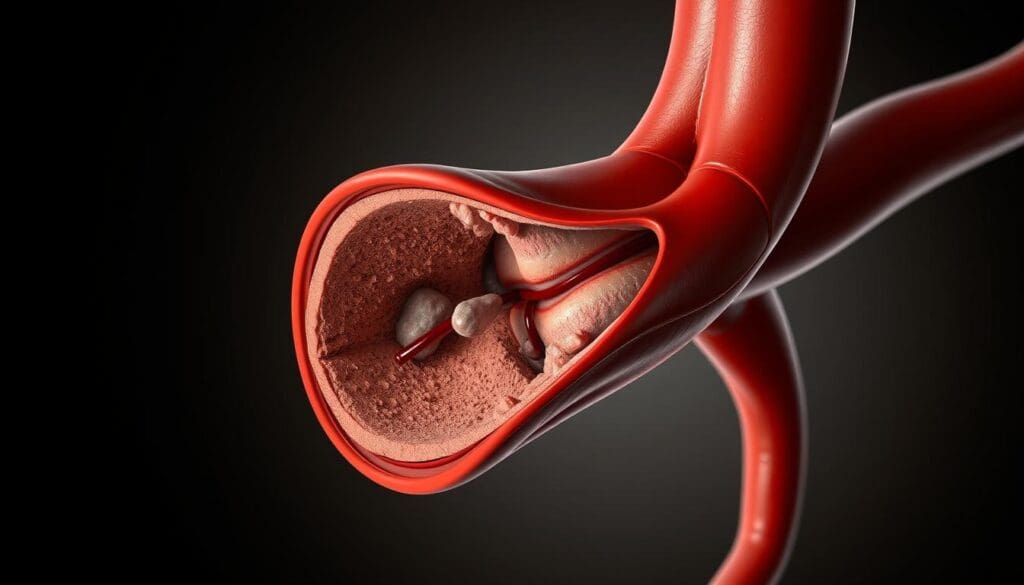 Detailed medical illustration of the consequences of aorta blockage due to atherosclerosis. Realistic cross-section view of the aorta, highlighting the narrowed and obstructed lumen caused by plaque buildup. Emphasis on the severity of the condition, with clear visualization of the reduced blood flow and potential for downstream complications. Lighting should be soft and directional, creating depth and texture in the image. Muted color palette, with shades of red, orange, and gray to convey the seriousness of the situation. Precise anatomical accuracy, allowing the viewer to understand the underlying pathology.