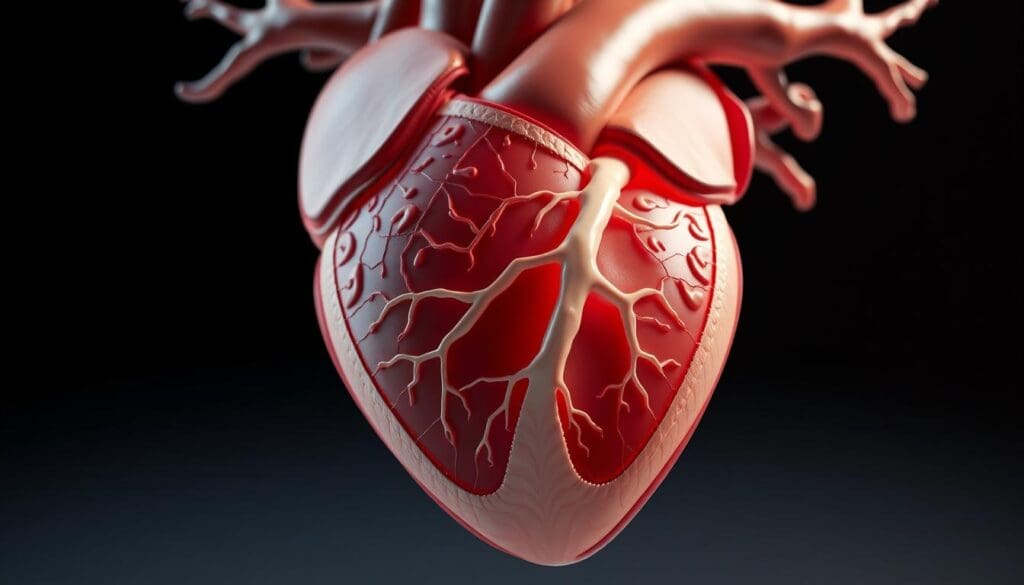 Realistic high-resolution 3D cross-section of the human heart, highlighting the precise location of the aortic root. Detailed anatomical rendering showcasing the aortic root's position at the base of the aorta, its connections to the left ventricle, and its relationship to the surrounding cardiac structures. Crisp, photorealistic lighting illuminating the intricate details of the aortic root's shape and orientation within the heart. Precise camera angle providing a clear, unobstructed view of the aortic root's location, enabling easy visual comprehension of this important anatomical feature.