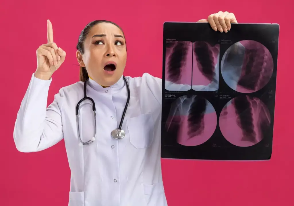 Young woman doctor holding x-ray of lungs looking up surprised showing index finger having new idea